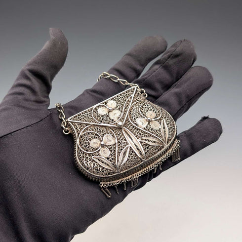 Vintage silver filigree purse with chain, coin purse, 40g