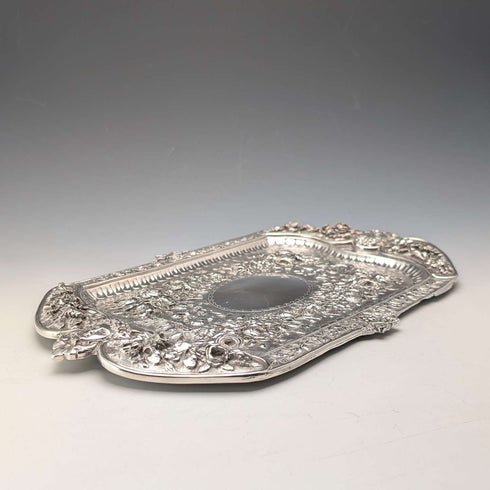 Mid-Victorian British antique silver plate relief carved square dressing table tray