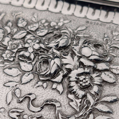 Mid-Victorian British antique silver plate relief carved square dressing table tray