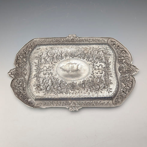 中期ビクトリアン 英国アンティーク シルバープレート製 レリーフ彫刻 角形ドレッシングテーブルトレイ