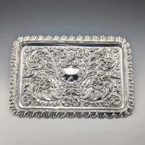Circa 1900 British antique silver plate relief carved square dressing table tray