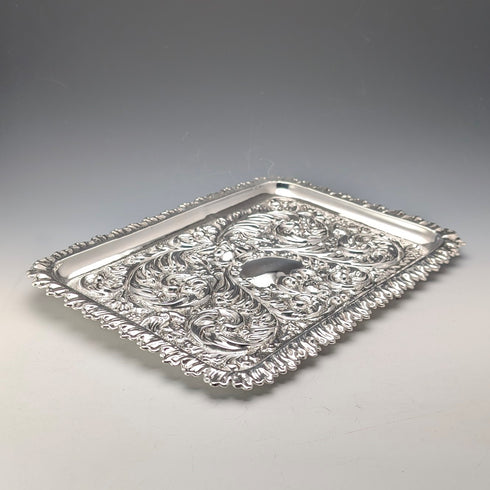 Circa 1900 British antique silver plate relief carved square dressing table tray