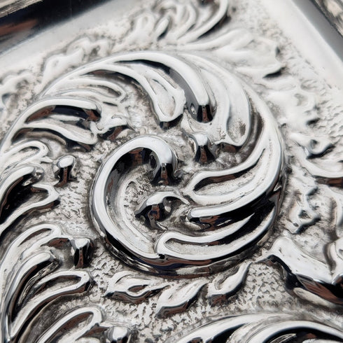 Circa 1900 British antique silver plate relief carved square dressing table tray