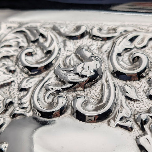 Circa 1900 British antique silver plate relief carved square dressing table tray