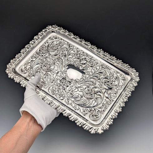 Circa 1900 British antique silver plate relief carved square dressing table tray