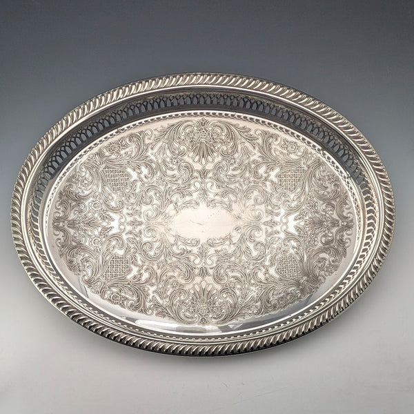 Vintage British silver plate oval gallery tray, 40cm wide