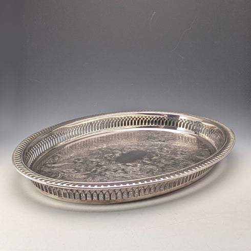 英国ヴィンテージ シルバープレート製 オーバル型 ギャラリートレイ 幅40cm