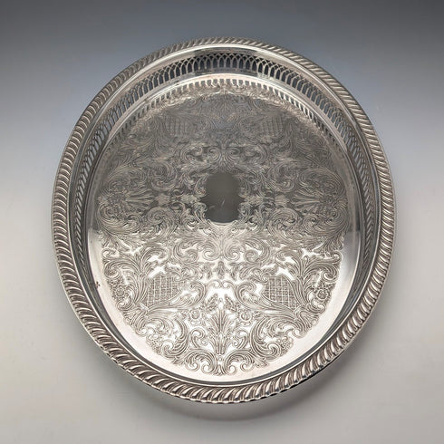 英国ヴィンテージ シルバープレート製 オーバル型 ギャラリートレイ 幅40cm