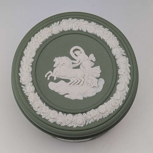 British Vintage Wedgwood Jasperware Cylinder Box, Small Item Holder, Green