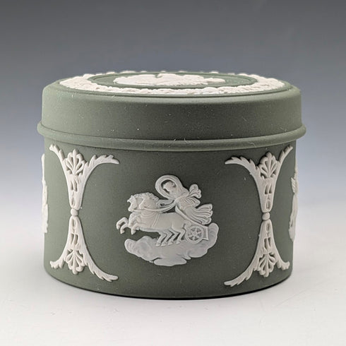 British Vintage Wedgwood Jasperware Cylinder Box, Small Item Holder, Green