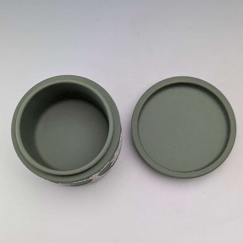 British Vintage Wedgwood Jasperware Cylinder Box, Small Item Holder, Green