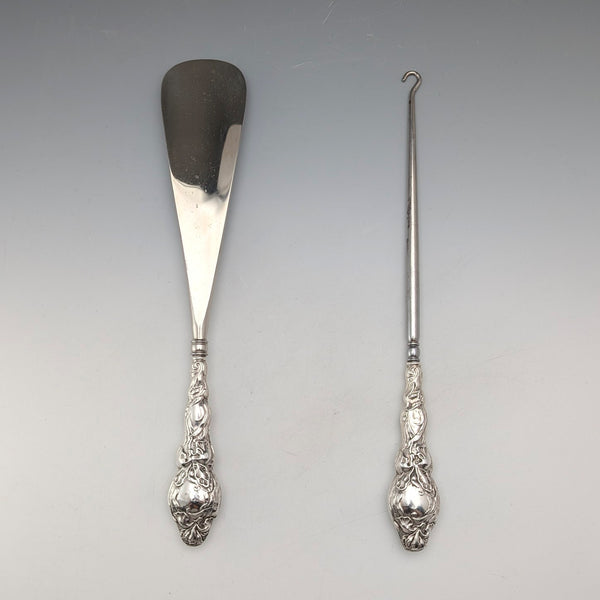 1903 British antique sterling silver handle shoehorn and button hook set G&C Ltd