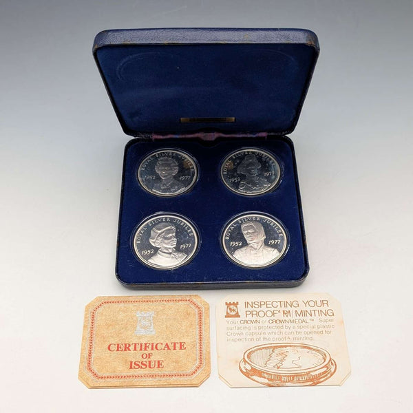 1977年 英国 純銀製 シルバージュビリー クラウン銀貨4個セット 計113g ケース入 Pobjoy Mint