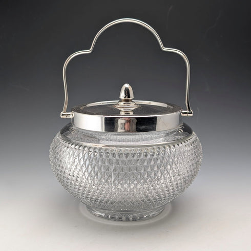 Vintage British hobnail cut glass jar with handle and silver plate lid