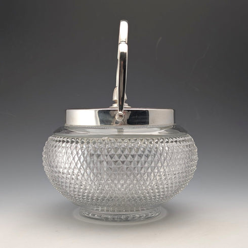 Vintage British hobnail cut glass jar with handle and silver plate lid