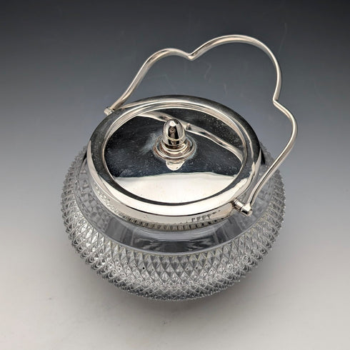 Vintage British hobnail cut glass jar with handle and silver plate lid