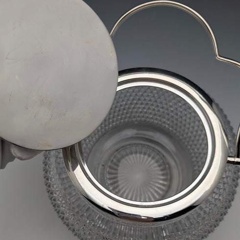 Vintage British hobnail cut glass jar with handle and silver plate lid