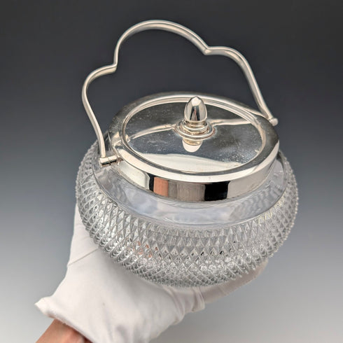 Vintage British hobnail cut glass jar with handle and silver plate lid