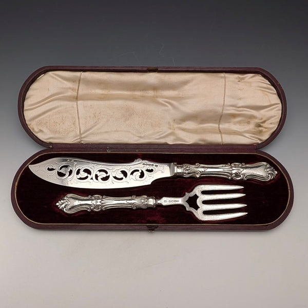 Circa 1852 British antique sterling silver handle fish server pair in case by John Gilbert