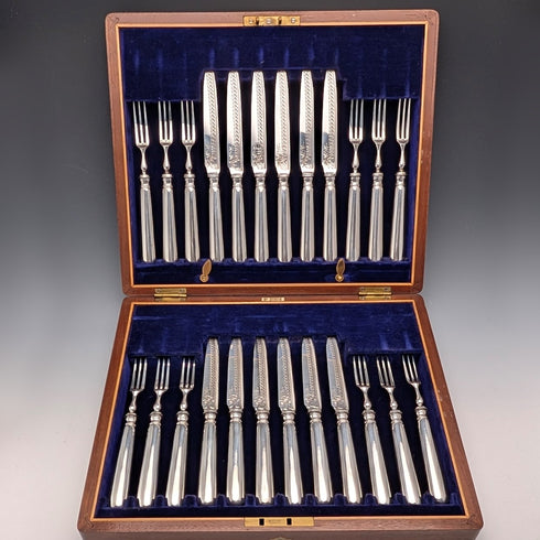 12-Pair of Antique British Silver Plate Dessert Cutlery, Circa 1898, Allen & Darwin, Wooden Box
