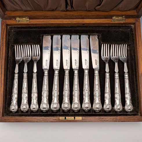 1923 British antique all-sterling silver fish cutlery set, 6 pairs, 653g, in wooden box, Alexander Clarke