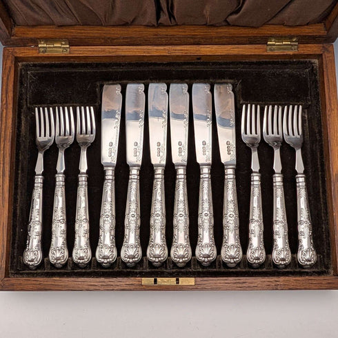 1923年 英国アンティーク 総純銀製 フィッシュカトラリーセット 6ペア 計653g 木箱入り Alexander Clarke