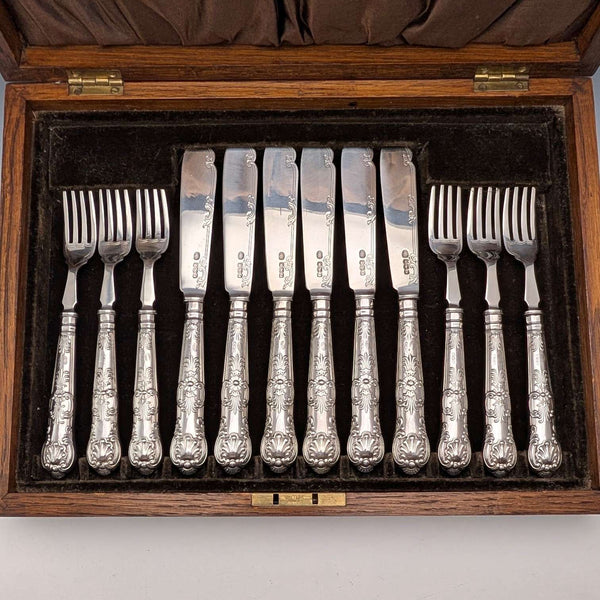 1923年 英国アンティーク 総純銀製 フィッシュカトラリーセット 6ペア 計653g 木箱入り Alexander Clarke