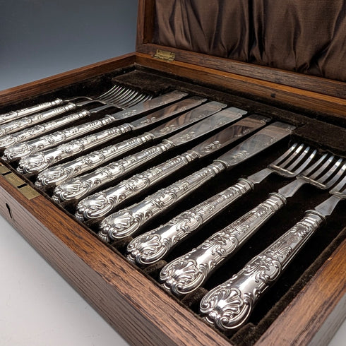 1923 British antique all-sterling silver fish cutlery set, 6 pairs, 653g, in wooden box, Alexander Clarke