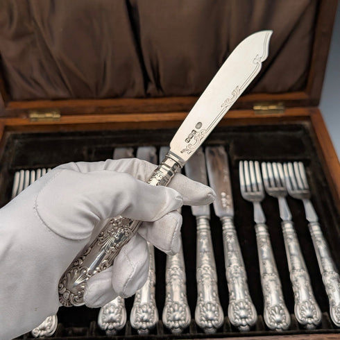 1923 British antique all-sterling silver fish cutlery set, 6 pairs, 653g, in wooden box, Alexander Clarke