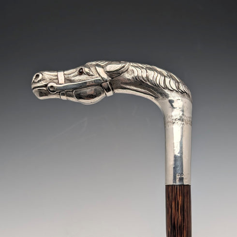 英国アンティーク ブラウンシャフト 純銀製ホースヘッドハンドル ステッキ 杖 92cm Emma Blumenstein