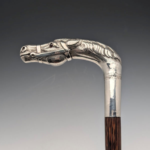 Antique British brown shaft sterling silver horsehead handle walking stick 92cm Emma Blumenstein
