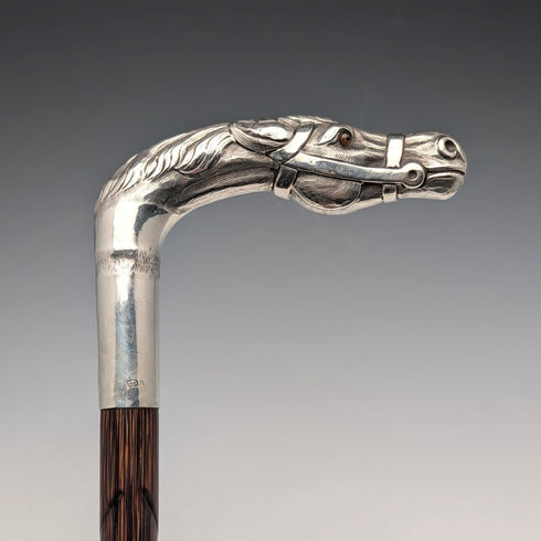 英国アンティーク ブラウンシャフト 純銀製ホースヘッドハンドル ステッキ 杖 92cm Emma Blumenstein