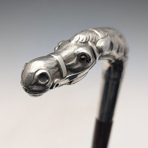 英国アンティーク ブラウンシャフト 純銀製ホースヘッドハンドル ステッキ 杖 92cm Emma Blumenstein