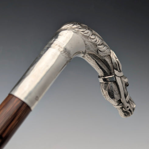 Antique British brown shaft sterling silver horsehead handle walking stick 92cm Emma Blumenstein