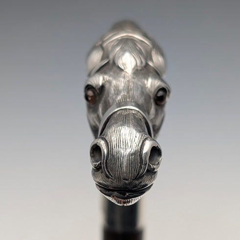 英国アンティーク ブラウンシャフト 純銀製ホースヘッドハンドル ステッキ 杖 92cm Emma Blumenstein