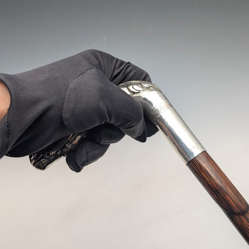 英国アンティーク ブラウンシャフト 純銀製ホースヘッドハンドル ステッキ 杖 92cm Emma Blumenstein