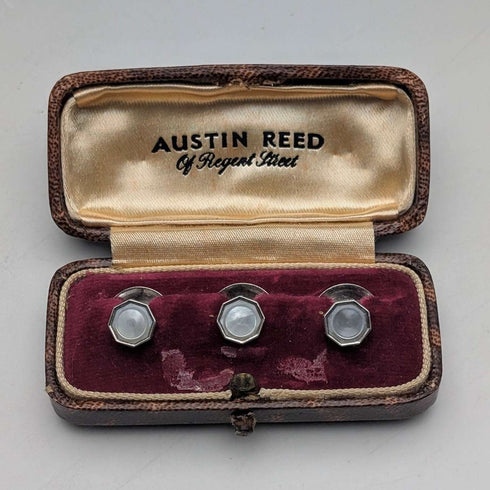 英国ヴィンテージ 純銀&白蝶貝 シャツスタッズボタン 3個セット AUSTIN REED ケース入