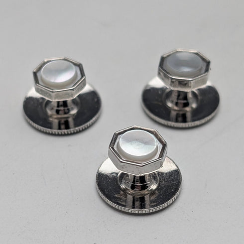 英国ヴィンテージ 純銀&白蝶貝 シャツスタッズボタン 3個セット AUSTIN REED ケース入