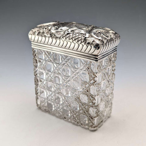 1901 British antique square cut glass jar with pure silver lid The Alexander Clark