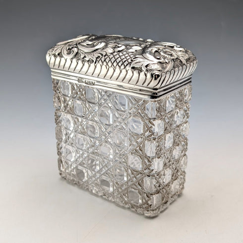 1901 British antique square cut glass jar with pure silver lid The Alexander Clark