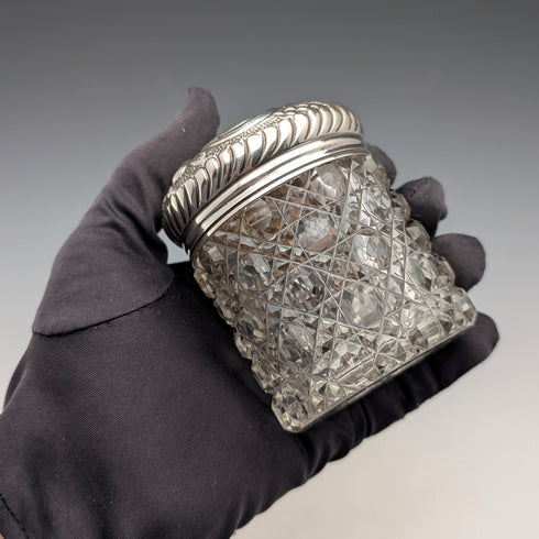 1904 British antique pure silver lid cylindrical cut glass jar The Alexander Clark