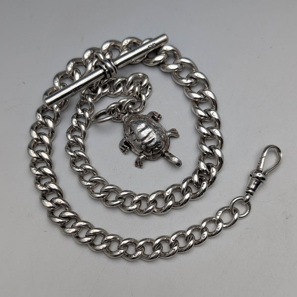 Circa 1900 British antique sterling silver super thick Albert chain 71g turtle charm fob