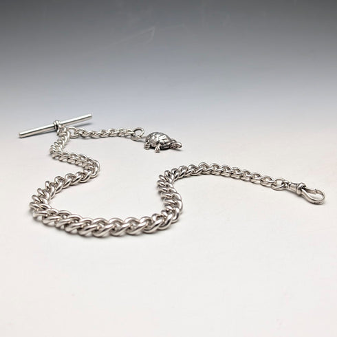 1900年頃 英国アンティーク 純銀製 極太アルバートチェーン 71g 亀チャームフォブ