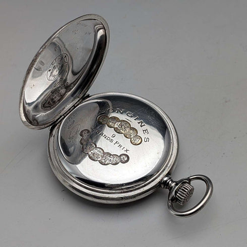 Circa 1926 Antique Longines Pocket Watch, Silver Hunter Case, Arabic Indexes, Good Working Condition