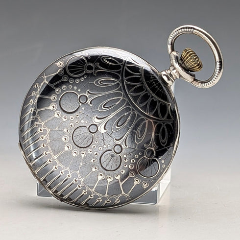 アンティーク スイス製 無銘 懐中時計 銀側ニエロ装飾 薄型ハンターケース 動作良好