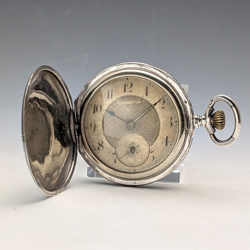 アンティーク スイス製 無銘 懐中時計 銀側ニエロ装飾 薄型ハンターケース 動作良好