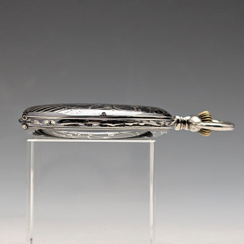 アンティーク スイス製 無銘 懐中時計 銀側ニエロ装飾 薄型ハンターケース 動作良好