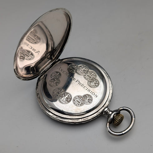 アンティーク スイス製 無銘 懐中時計 銀側ニエロ装飾 薄型ハンターケース 動作良好