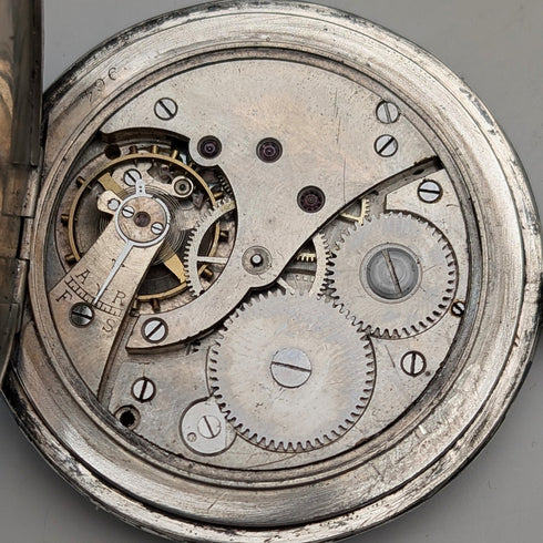 アンティーク スイス製 無銘 懐中時計 銀側ニエロ装飾 薄型ハンターケース 動作良好