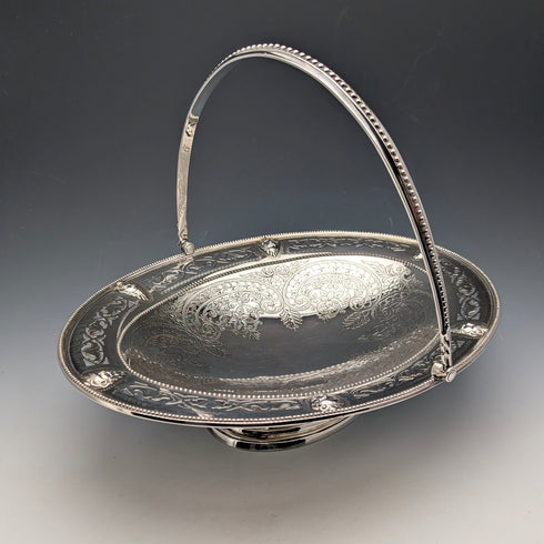 1870 British Antique Silver Plate Movable Handle Basket Thomas Bradbury & Sons